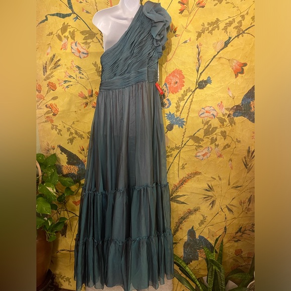 Mac Duggal Organza One-Shoulder Pleated Tiered Gown Sage - Picture 7 of 8